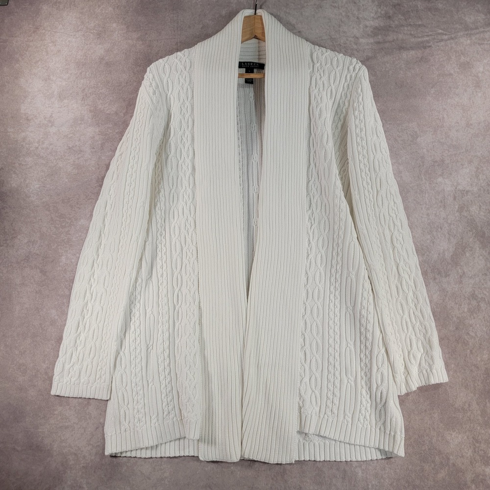 Lauren Ralph Lauren White Cable Knit Open Front Cardigan Shawl Collar Cotton L